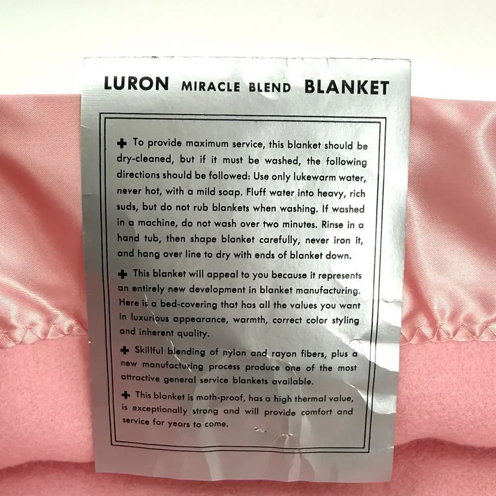 VTG Luron Pink Satin Trim Rayon/Nylon Blend Twin Miracle Blend Blanket 72”x90”